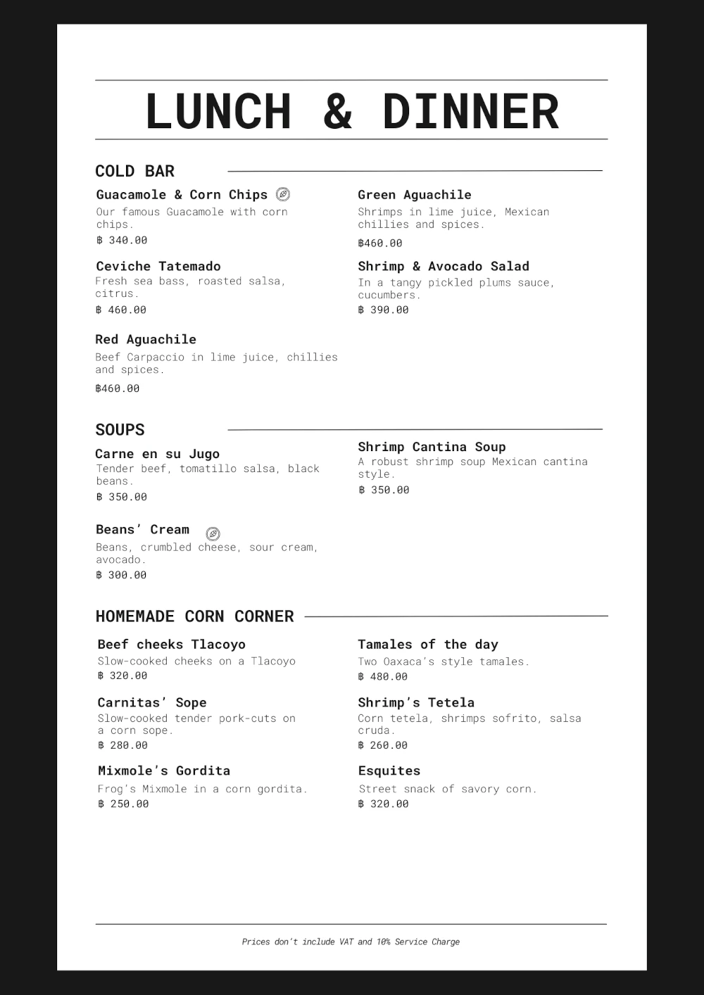 Dining Menu page 1